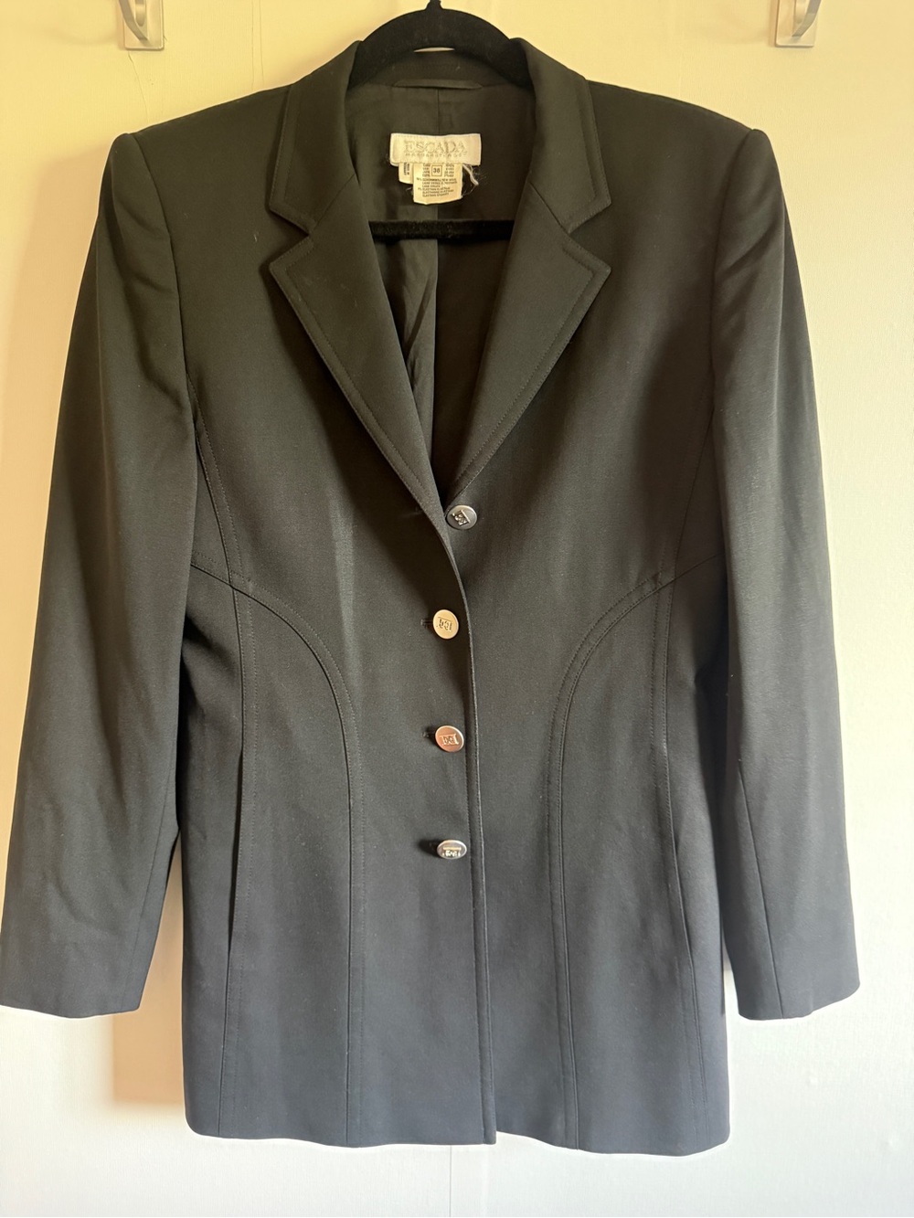 Vintage ESCADA Margaretha Ley Black Wool Blazer Size 38 Longline Logo Buttons